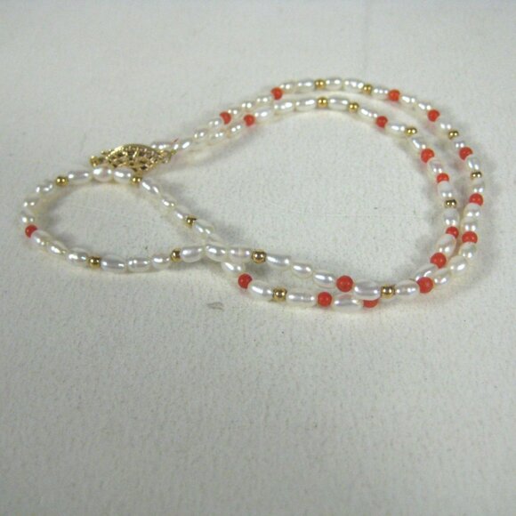Freshwater Pearl Coral Delicate Gold Tone Bead Necklace 17 in Choker Minimalist - Picture 3 of 11